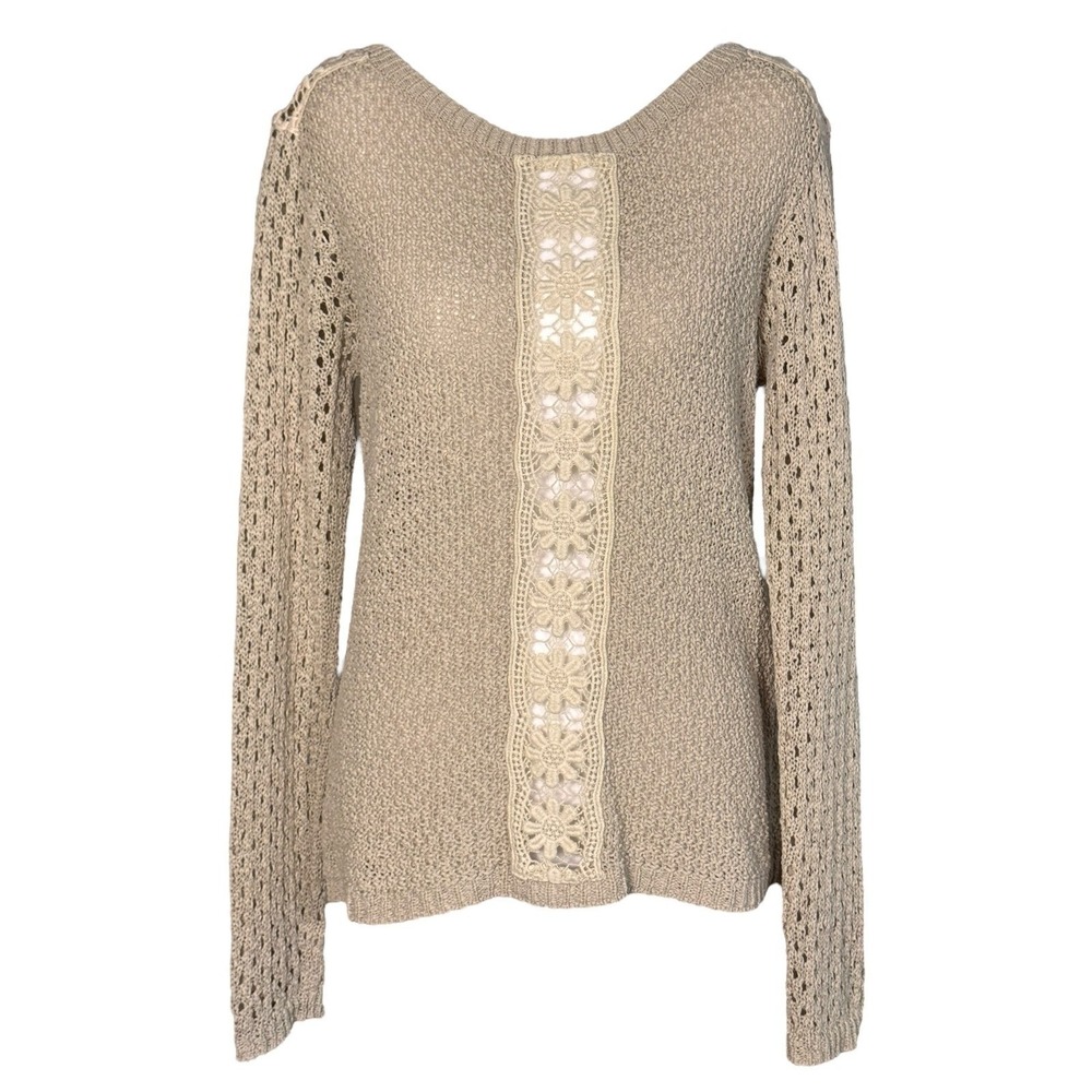 Hinge Nordstrom Crochet Floral Lace Sweater Beige Whimsigoth Boho EUC